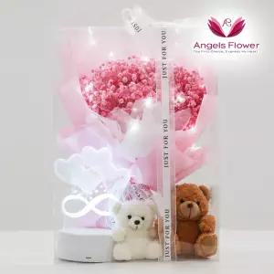 [엔젤스플라워] 감동100% 시들지않는 영원한 빛 루미플로라 LED플라워 35cm 대형 선물세트 분홍 안개꽃