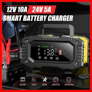 FOXSUR 12V 24V 자동차 오토바이 트럭 배터리 충전기 10A/5A (리튬인산철, AGM, 납산 배터리용) 펄스 복구