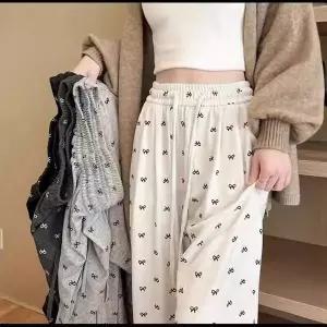 데일리룩 여성 리본 패턴 드로스트링 밴딩 와이드 롱팬츠