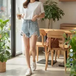 [써니패션] 여성 여름 하이웨스트 찢청 데님 핫팬츠 (50150476)