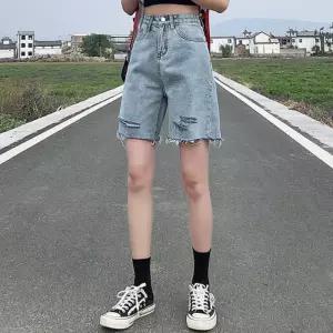 [옷자락]여성 캐주얼 스카이블루 찢청 데미지 하프 데님 팬츠