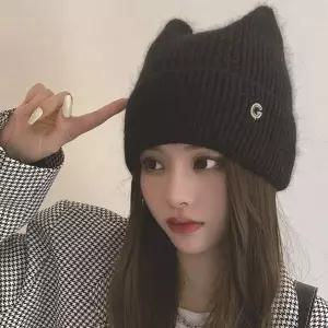 [골드스마일]고양이 귀 니트모자 겨울 방한모 블랙