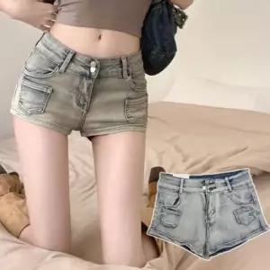 여성 하이웨스트 슬림 구제 워싱 연청 핫팬츠 반바지 여성청반바지 여성반바지 숏팬츠