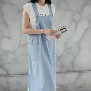 [옷자락]여자 77사이즈 나시 포켓 데님멜빵 롱원피스