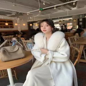 알파카 울 100 퍼 핸드메이드 랩 폭스 후드 사가 산드로 코트