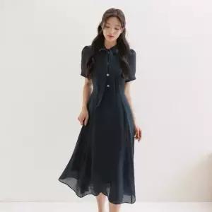 시크라인 XXL까지) 솔레드 타이넥 쉬폰 플레어 원피스 여름 하객룩 오피스룩 데이트룩 격식룩 빅사이즈
