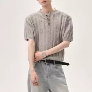 벗우 케이블 반팔 니트 헨리넥 남성 여름 데일리 빅사이즈 그레이