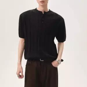 벗우 케이블 반팔 니트 헨리넥 남성 여름 데일리 빅사이즈 블랙