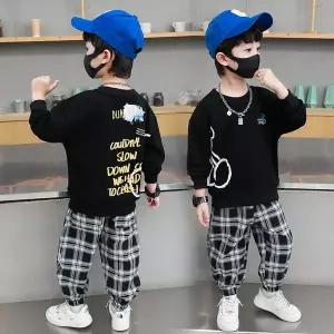 아동 봄가을 남아 맨투맨 세트 라운드 맨투맨 체크바지 아동 트레이닝복