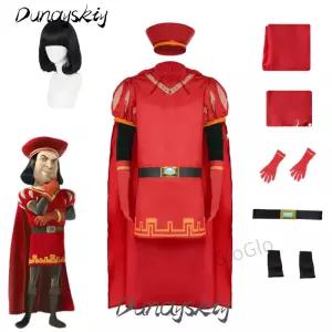 Lord Farquaad 프레 의상 세트 가발 모자 중세 기사 옷 레드 망토 검은 머리 롤 플레잉 남성용 복장