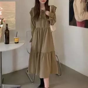 오너클랜 데님 롱 원피스 하객 블랙 셔링 카라 골지 퍼프 원피스 블랙원피스 셔츠원피스 롱원피스