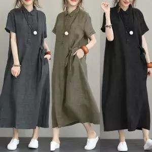 [알티피아]은창)린넨 카라 롱 원피스 원피스 루즈핏 퍼프 반팔