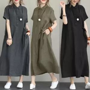 은창)린넨 카라 롱 원피스 원피스 루즈핏 퍼프 반팔 (KYR-WA65D82)