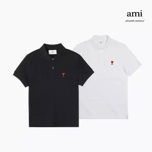 아미 AMI BFUPL001 760 드 꾀흐 스몰 하트 로고 폴로 공용 반팔티 블랙/화이트