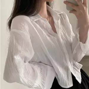 여성 시스루 셔츠 루즈핏 블라우스 얇은 시스루 긴 팔 셔츠 여름