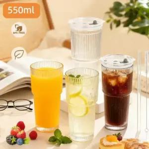 두꺼운 리브드 유리컵 | 텀블러 리드 + 유리 빨대 포함 | 아이스커피 스무디 주스용, 550ml, 투명