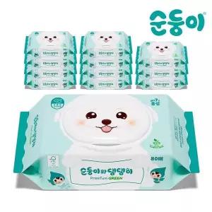 [순둥이] 댕댕이 프리미엄 그린 강아지 생분해 물티슈 캡형 80매 12팩..