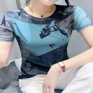 여성 라인댄스복 상의 티셔츠 라운드넥 라틴 연습복 메쉬