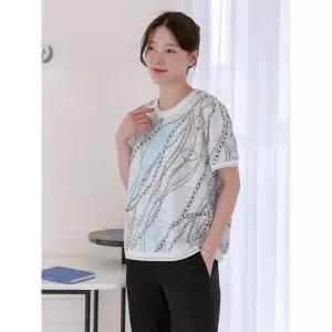 [하프클럽/마미소]우아 인견 반팔 티셔츠 시보리 배색 나염 냉감