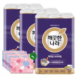 깨끗한나라 화장지 3겹 촉앤감 프리미엄 30m 30롤 3팩 + 여행용티슈 40매 6개