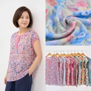 엄마옷 마미소 꽃 단추 캡 소매 티셔츠 여름 잔꽃 패턴 나염 반팔 할머니 빅사이즈 40 70 마담 중년 여성