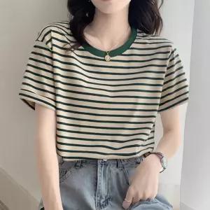 배색넥 가로줄무늬 루즈핏 반팔티 여성 레트로 캐주얼 여름 스트라이프상의