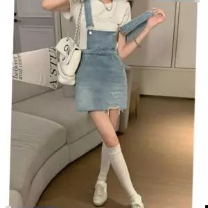 휴가룩 멜빵 미니멀 청치마 뒷리본포인트 원피스 여름