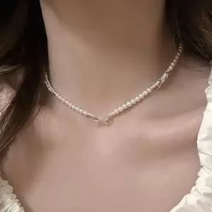 [홀리지]무리비 실버 리본 비즈 진주 초커 목걸이