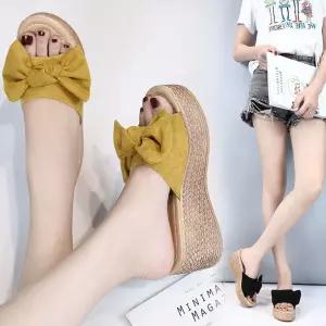 스니커즈 슬립온 스웨이드 통굽 여성 샌들 리본 7cm