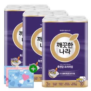 깨끗한나라 화장지 3겹 촉앤감 프리미엄 30m 30롤 3팩 + 여행용티슈 3개