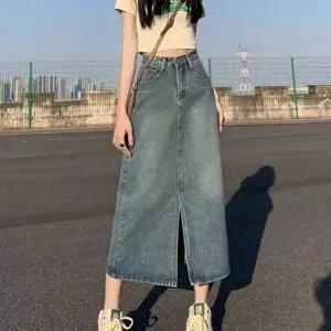 밑단 트임 롱 스커트 데님 여성 미디 캐주얼 긴 A라인 H라인 치마 데일리 의류 하의 봄 여름 가을