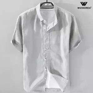 [위즈아이]남성 여름 시원한 린넨 헨리넥 반팔 셔츠 차이나카라 남방 빅사이즈 WI015S
