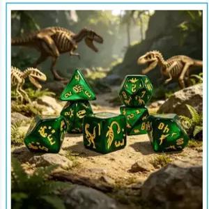 쥬라기 색 공룡 조각이 있는 위 게임 7개 TTRPG 보드 및 롤플레잉 다면체
