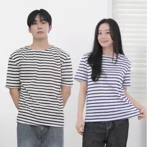 남녀공용 스트라이프 티셔츠 여성 남성 반팔 단가라 줄무늬 기본티 학생 단체복 커플티 라운드넥