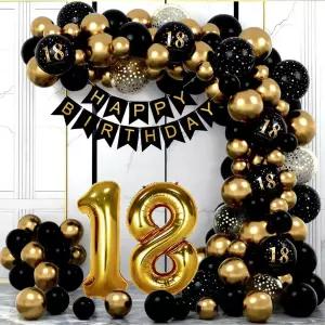 생일 장식 블랙 및 골드 풍선 18호 포일 색종이 있는 갈랜드 아치 키트 18세 여성 기념일을 위한 배너 파티