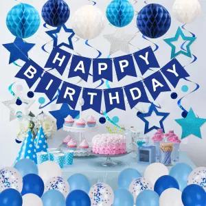 생일 장식 축하 배너 풍선 벌집 공 별달기 소용돌이 원형 점 화환 남녀 프린스 파티에 적합 파란색