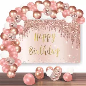 색종이 풍선 갈랜드 아치가 있는 로즈 골드 생일 축하 배너 배경 여자들을 위한 세트 핑크 16일 21일 30일