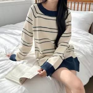 오너클랜 니트 원피스 가을 배색 스트라이프 나그랑 네이비 스트라이프 미니원피스 가을원피스