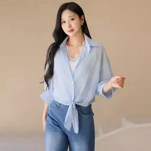 [스타일온미] 사르르 요루 쉬폰 벌룬 7부 소매 볼레로 카라 셔츠