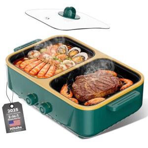 2-in-1 전기 냄비 및 그릴 콤보, 1000W 이중 온도 조절, 빠른 난방 - 바비큐, 스테이크, 국수 등을 위한 실내 조리 기구 - 최대 3인용(그린 T)으로 적합