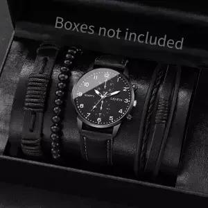 4/5PCS 패션 남자 시계 비즈니스 석영 손목 빈티지 가죽 팔찌 세트 Reloj Hombre 상자 없음