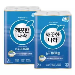 깨끗한나라 천연펄프 3겹 순수 프리미엄, 27m, 30롤, 2개