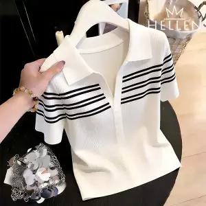 [하프클럽/헬렌]헬렌 카라넥 폴로넥 반팔 반소매 여름 니트 골지 슬림 스트라이프 랜스카라니트 T-178