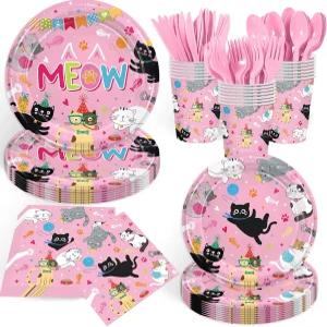 68PCS 고양이 파티 용품 카트 테마 생일 장식 귀여운 야옹 종이 접시 컵 냅킨 포크 나이프 스푼 식기