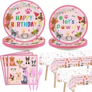 98개 강아지 생일 파티 장식 식기 세트 접시 냅킨 핑크 테마 식탁보 여자 용품 키트 애완견 테이블 커버