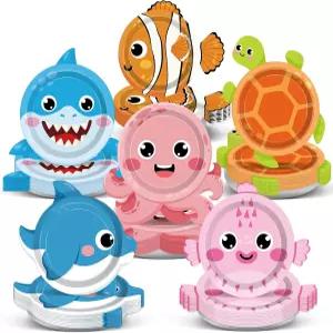 60Pcs 바다 동물 종이 접시 언더 더 씨 플레이트 7인치 디저트 오션 파티 생일 위한 상어 거북 문어 모양