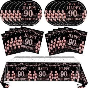 여성용 4PCS 90번째 생일 장식 블랙 앤 로즈 골드 접시 및 냅킨 식탁보 걸 파티 기념 용품용 축하 식기