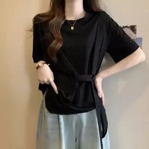 여름 여성 패션 반팔 셔츠 반팔 조끼 끈 디테일 캐주얼 반팔