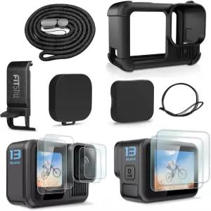 FitStill 블랙 실리콘 슬리브 고무 보호 케이스는 Go Pro Hero 13 스탠다드 렌즈 배터리 측면 커버 및