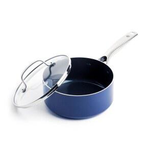 뚜껑이 있는 블루 다이아몬드 논스틱 2QT 소스팬, 무독성 PFAS 프리 다이아몬드 세라믹, 식기세척기 및 오븐 안전, 금속 식기 안전 냄비, 쿨 핸들, 셰프 팬, 유리 뚜껑, 블루
